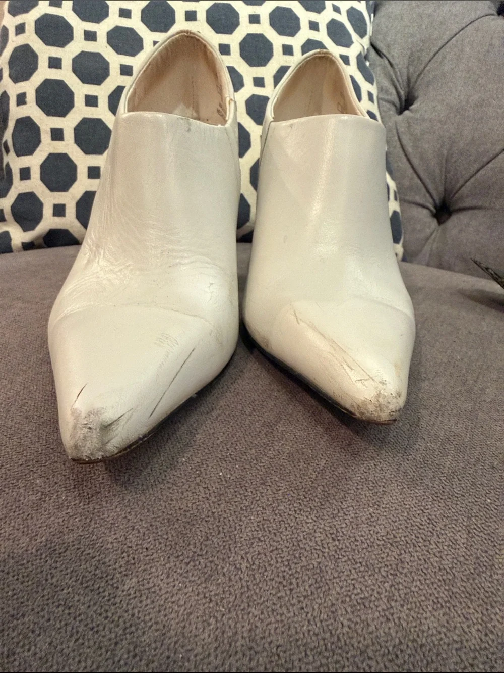 Zara White Pointed Leather Block-Heel Pumps